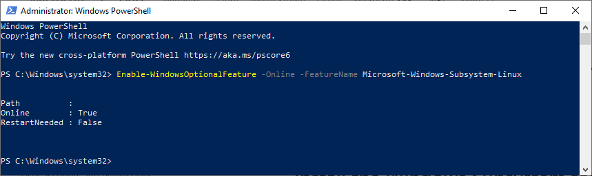 Enable Windows Subsystem For Linux Via  Windows Power Shell