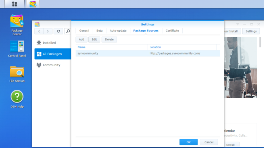 Synology NAS, Package Center, Settings, Add Repository