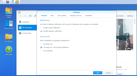 Synology NAS, Package Center, Settings, Trust Level