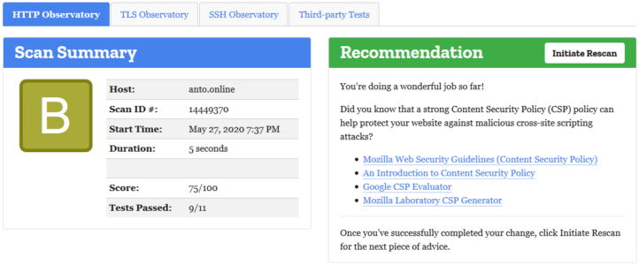 Mozilla Observatory website scan